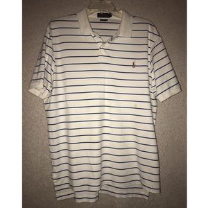 White polo with navy stripes